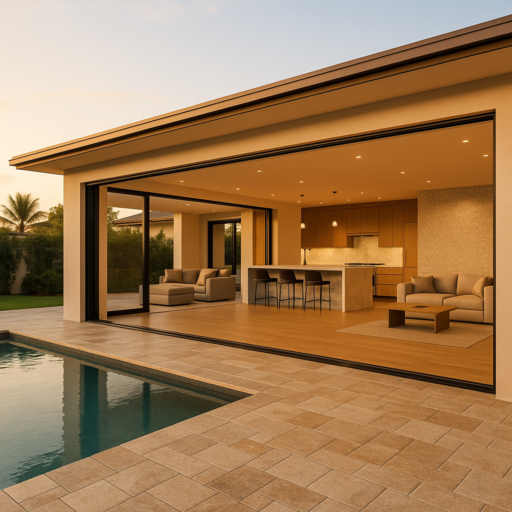 Luxurious modern home with seamless indooroutdoor living huge retractable sliding glass doors completely open connecting the interior living space to the pool terrace Inside largeformat porcelain tile oak hardwood stone island marble mosaics Outside